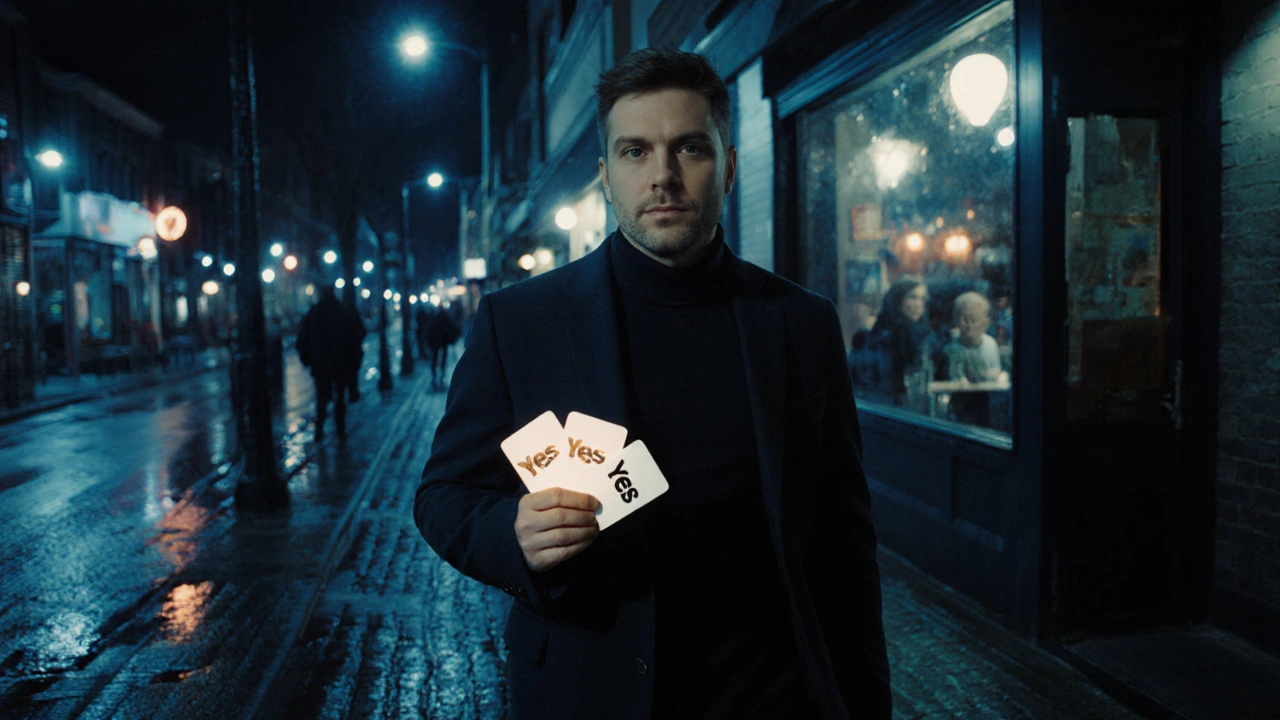 Een man met drie yes-kaartjes loopt naar buiten na een speed dating avond, straatlantaarns reflecteren op natte stoep.