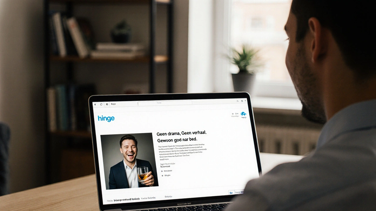 Een man met een authentiek Hinge-profiel op een laptop, zonder hondfoto&#039;s of vakantiebeelden.