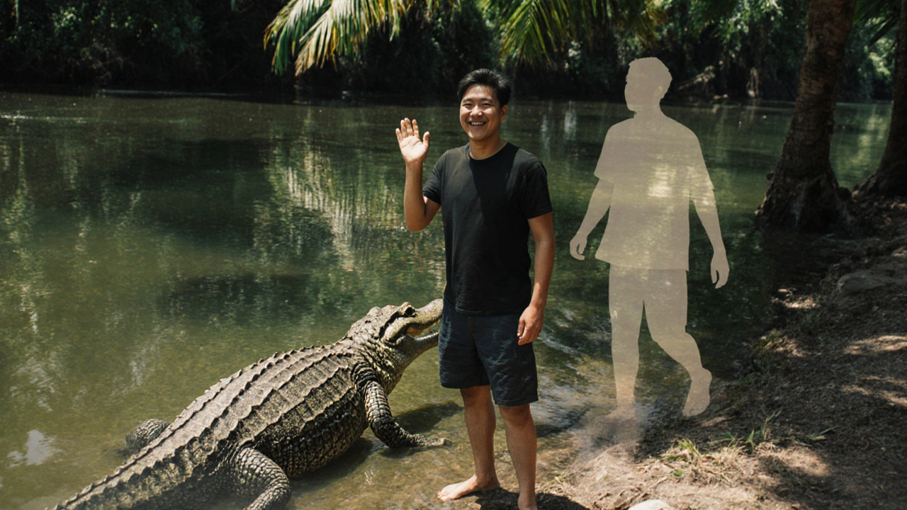 Een man staat lachend naast een krokodil in Thailand, zijn ex in de waterreflexie.