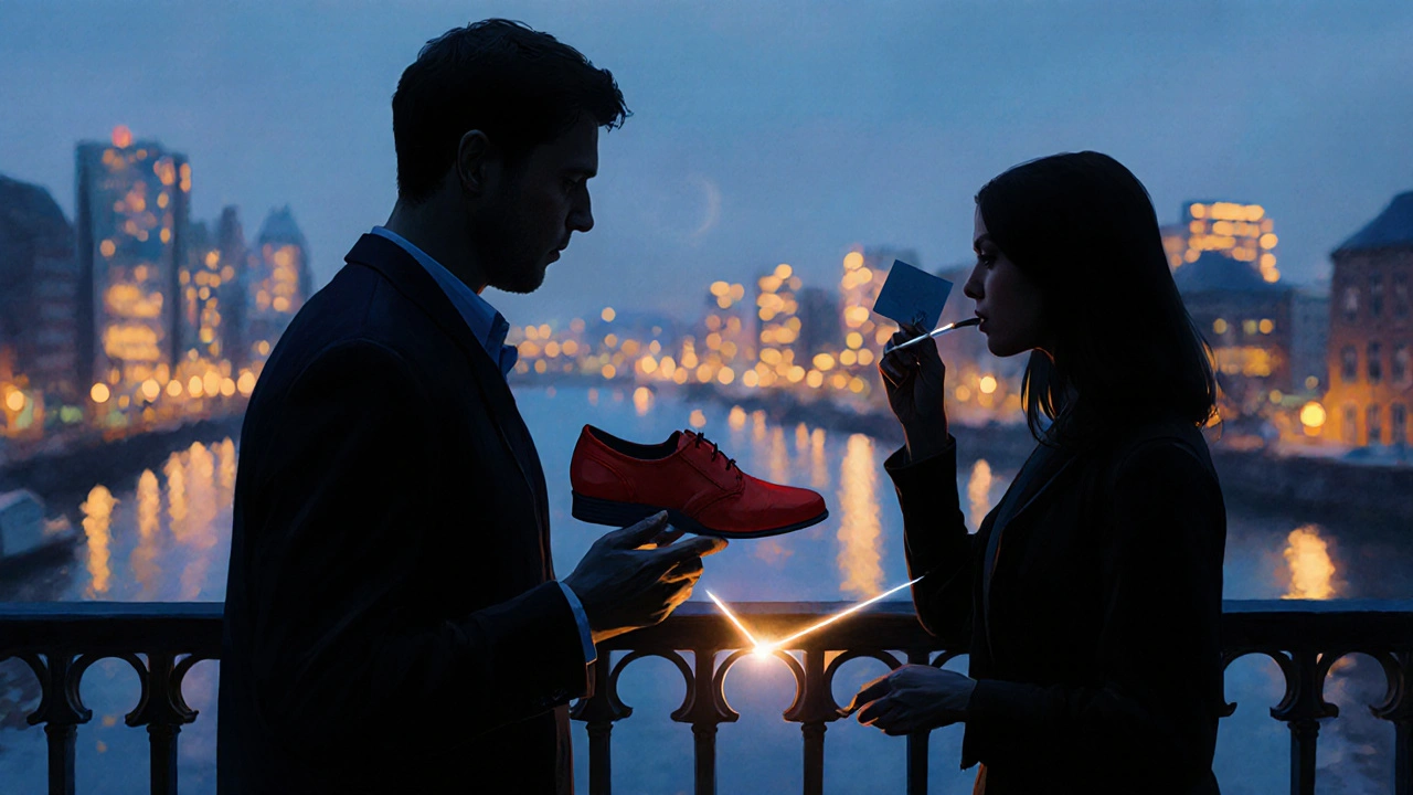 Een man staat op een terras met een rode schoen en een matchkaart, een vrouw in de verte met een sigaret, symboliserend een echte connectie.