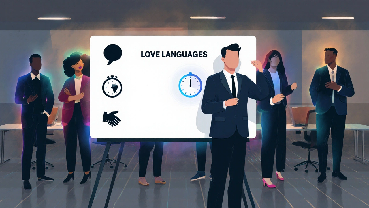 Een manager toont de vijf liefdes talen met iconen op een whiteboard in een moderne kantooromgeving.