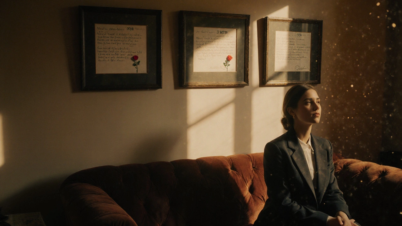 Een matchmakingkantoor met persoonlijke clientverhalen en een wachtende vrouw in rustige omgeving.