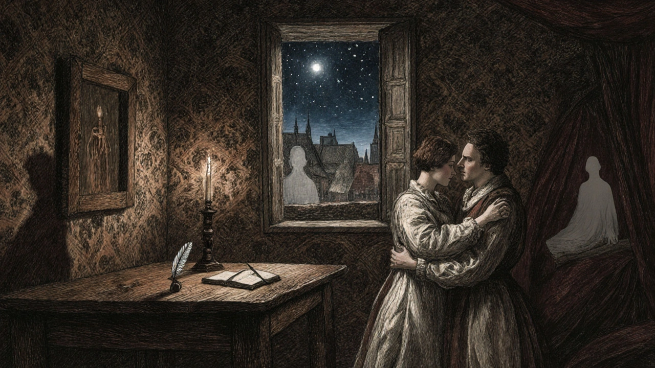 Een paar omhelst elkaar bij een oude tafel met krassen in een 16e-eeuws hotel in Praag, verlicht door kaarslicht en met historische wandtapijten.