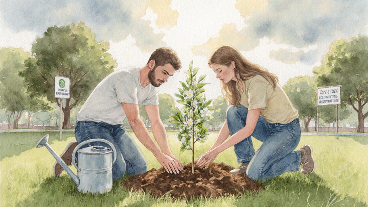 Een paar plant samen een Manuka-sapling in de aarde, hun handen met aarde bedekt, in een zonnig park.