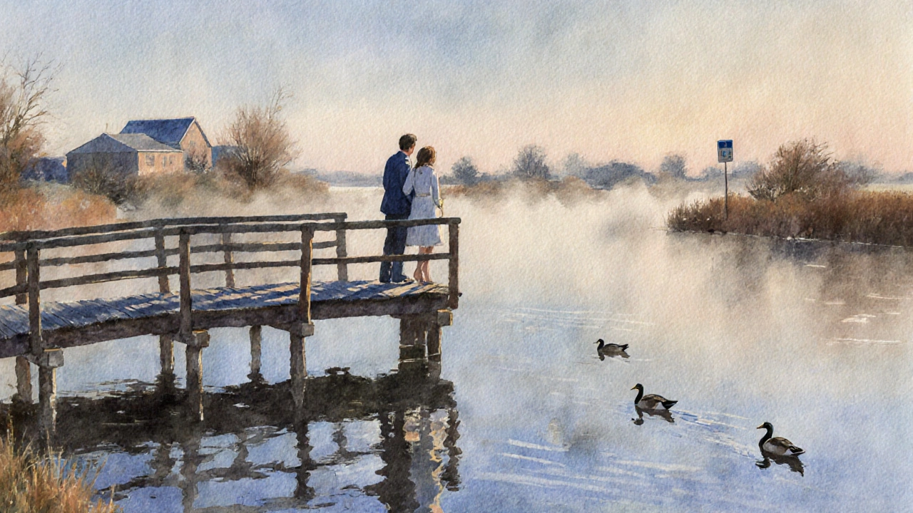 Een paar staat op een houten brug in de Biesbosch, water en duiven in de achtergrond.