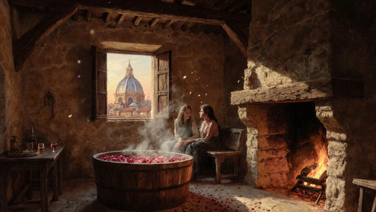 Een paar zit in stilte bij een houten bad in een 14e-eeuwse boerderij in Siena, met uitzicht op de kathedraal bij zonsondergang.