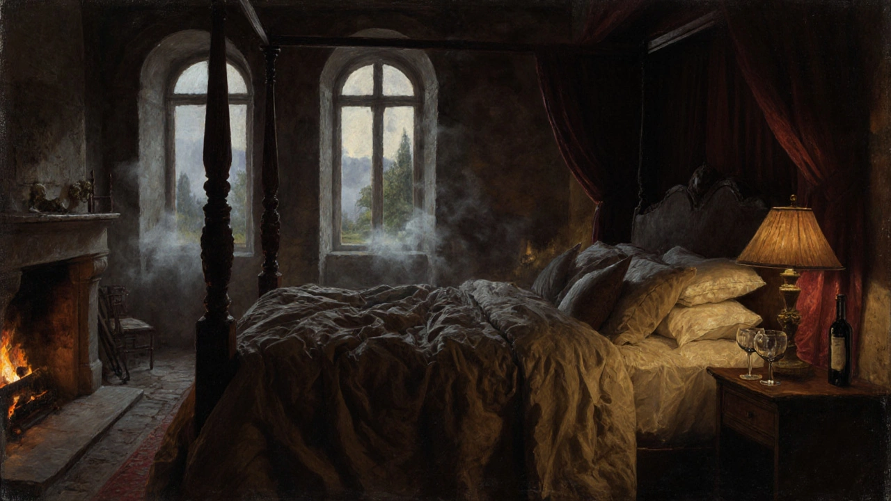 Een romantische slaapkamer met een open haard, een bed met linnen en een fles wijn op de nachtkast.