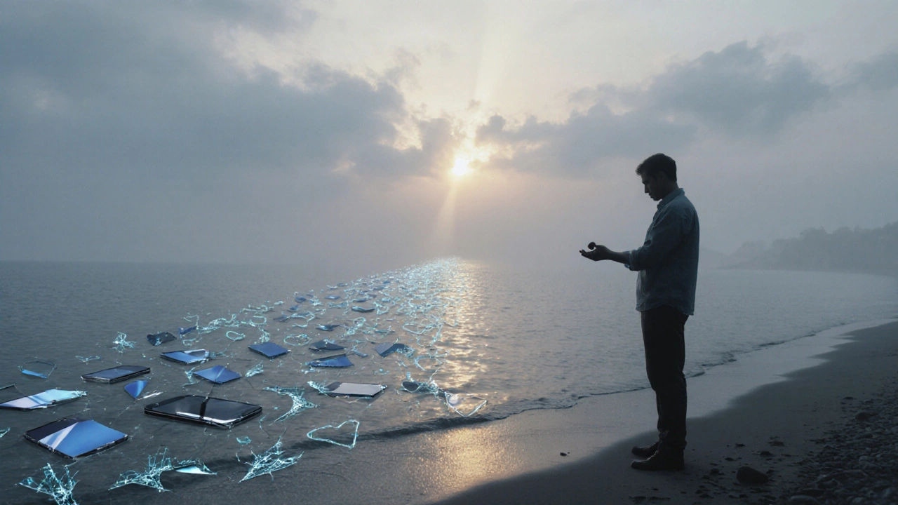 Een silhouet aan de kust laat een steen vallen, terwijl felle harten op het water verschijnen.