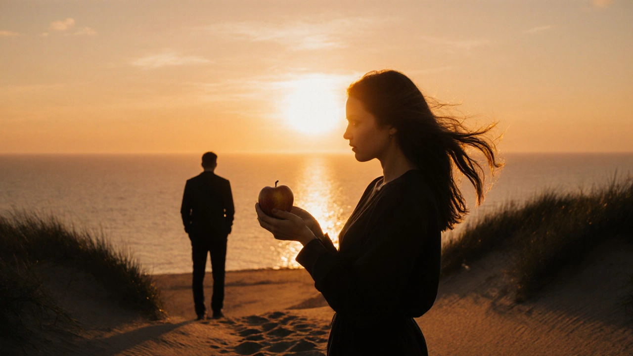 Een vrouw houdt een appel op een duin bij zonsondergang, de zee en de lucht gaan in elkaar over.