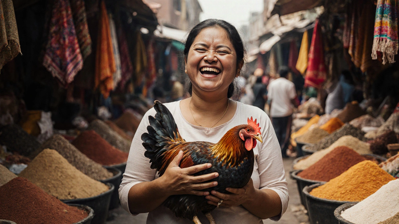Een vrouw houdt een levende kip in de hand op een drukke markt, vol lachende emotie.