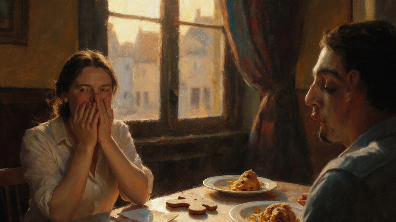 Een vrouw lacht hartelijk bij het eten, haar ogen stralen, terwijl een man tegenover haar glimlacht.