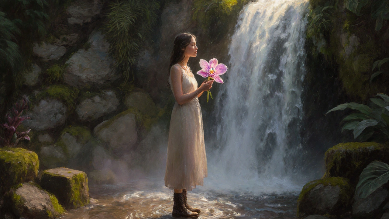 Een vrouw staat met gesloten ogen en raakt een witte orchidee aan in een vochtige serre, mist en waterdruppels om haar heen.