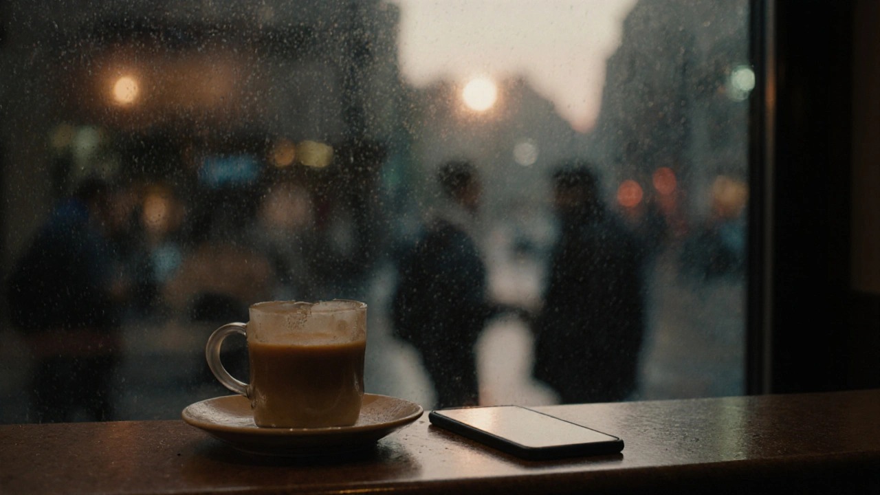 Empty bar with coffee cup and phone showing unread message, rain on window.