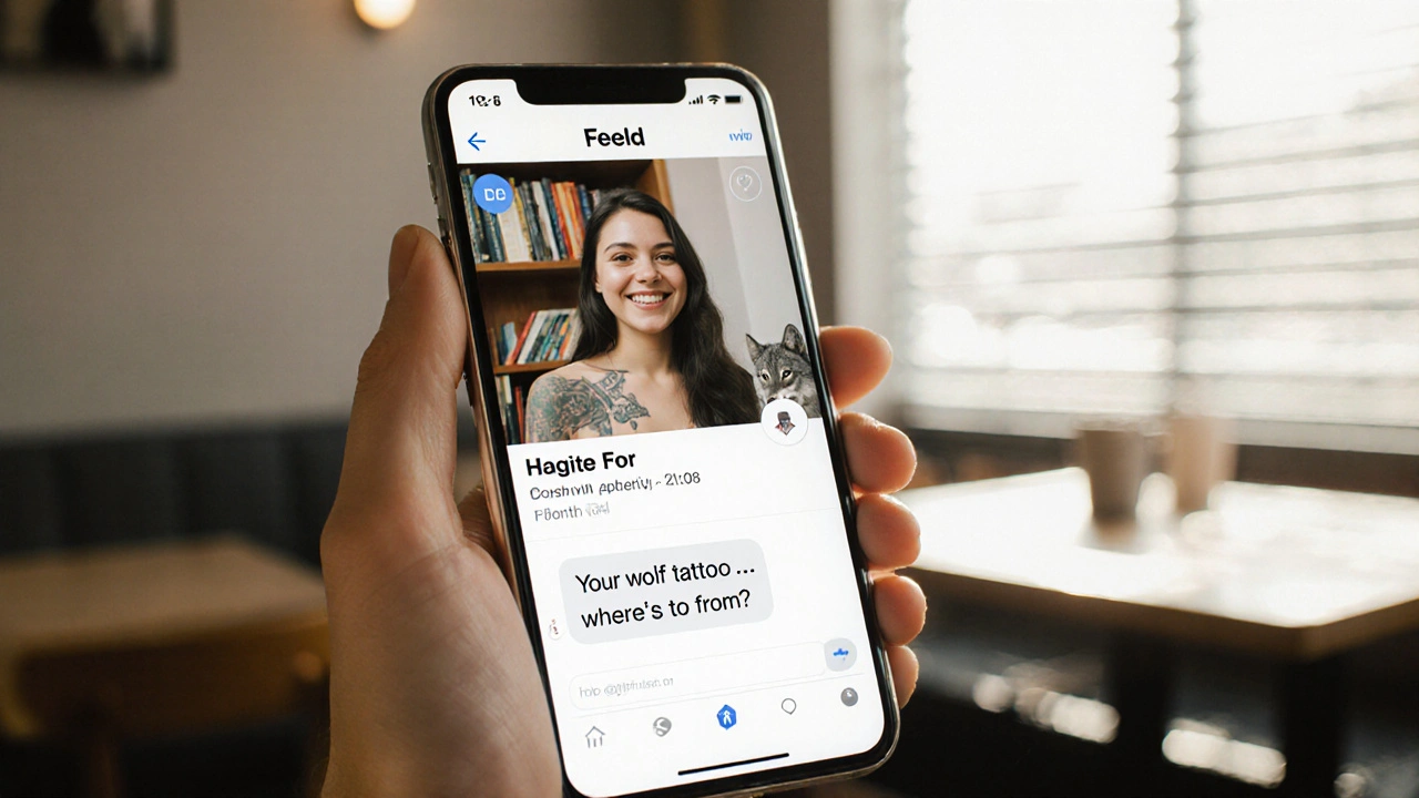 Feeld-app-profiel met &#039;casual&#039;-tag en een persoonlijk bericht over een wolf-tatoeage.