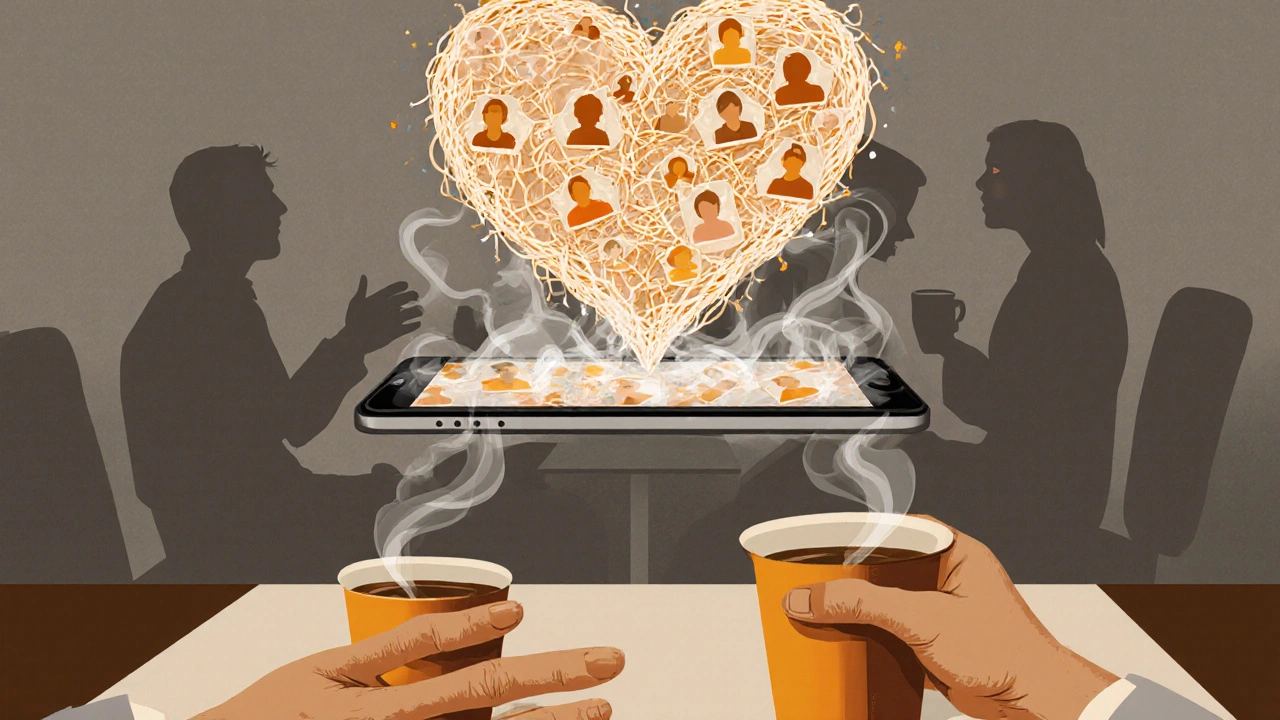 Hart van draden boven een telefoon met swipes, terwijl twee handen elkaar bereiken.