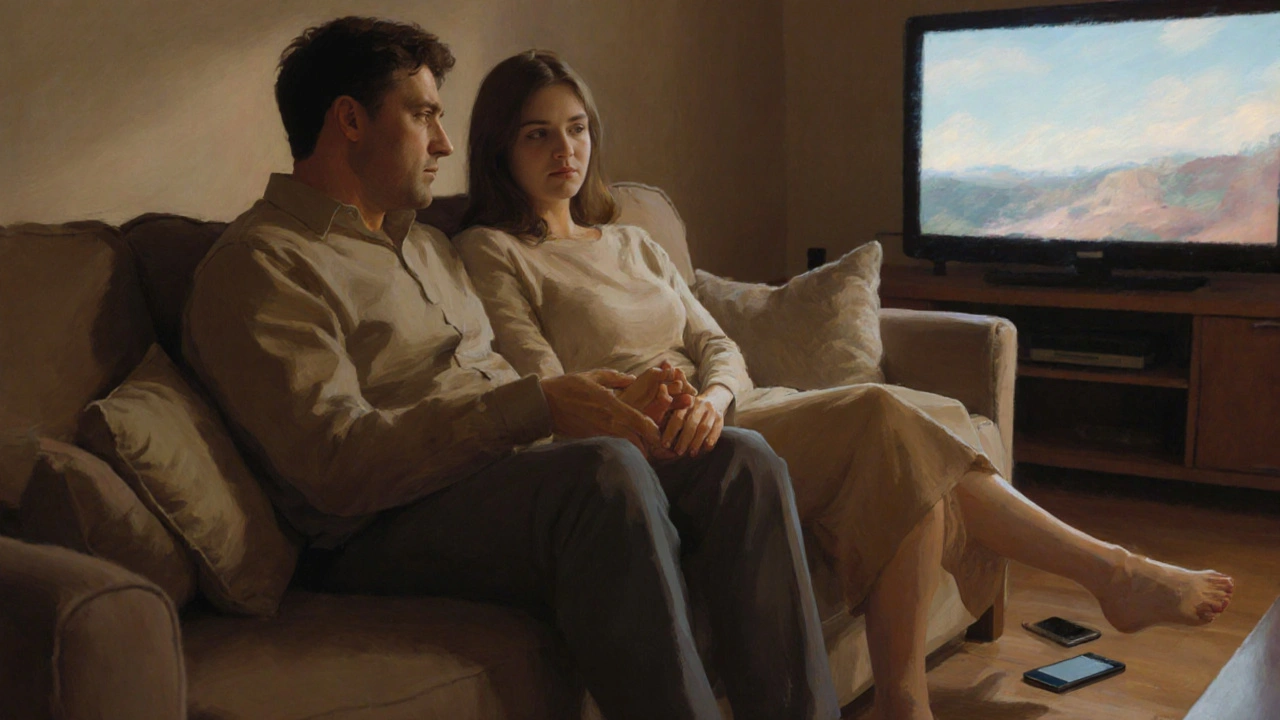 Koppel op de bank, hij kijkt haar aan terwijl ze praat, telefoon op de vloer.