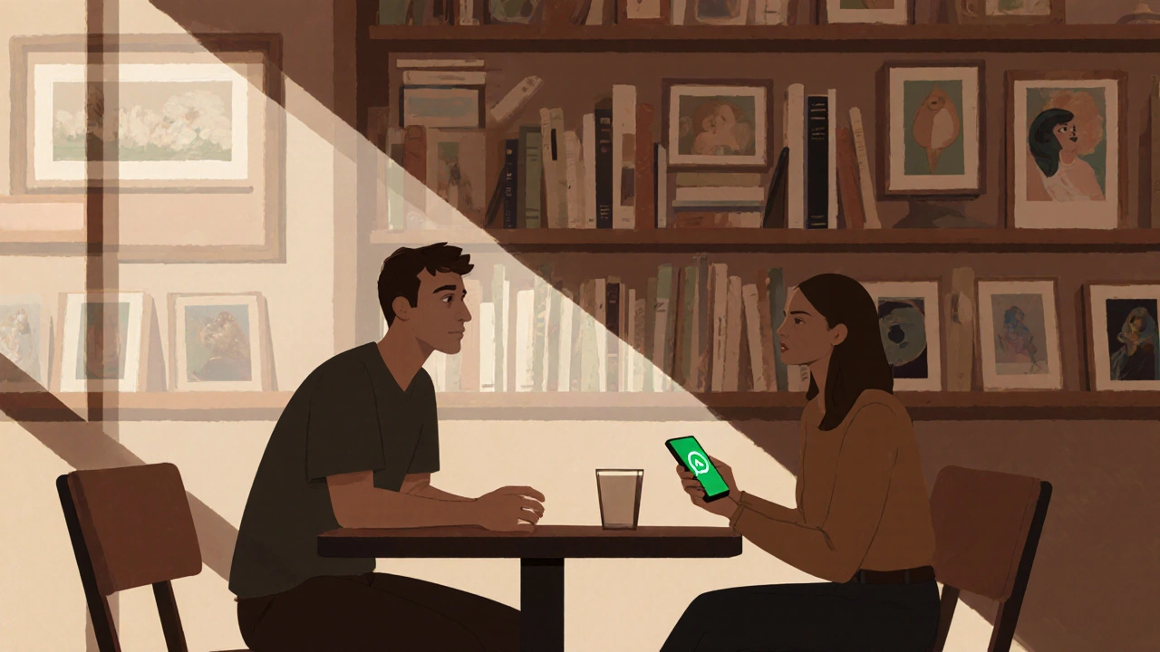 Man and woman conversing in a museum café, open body language, no physical contact.