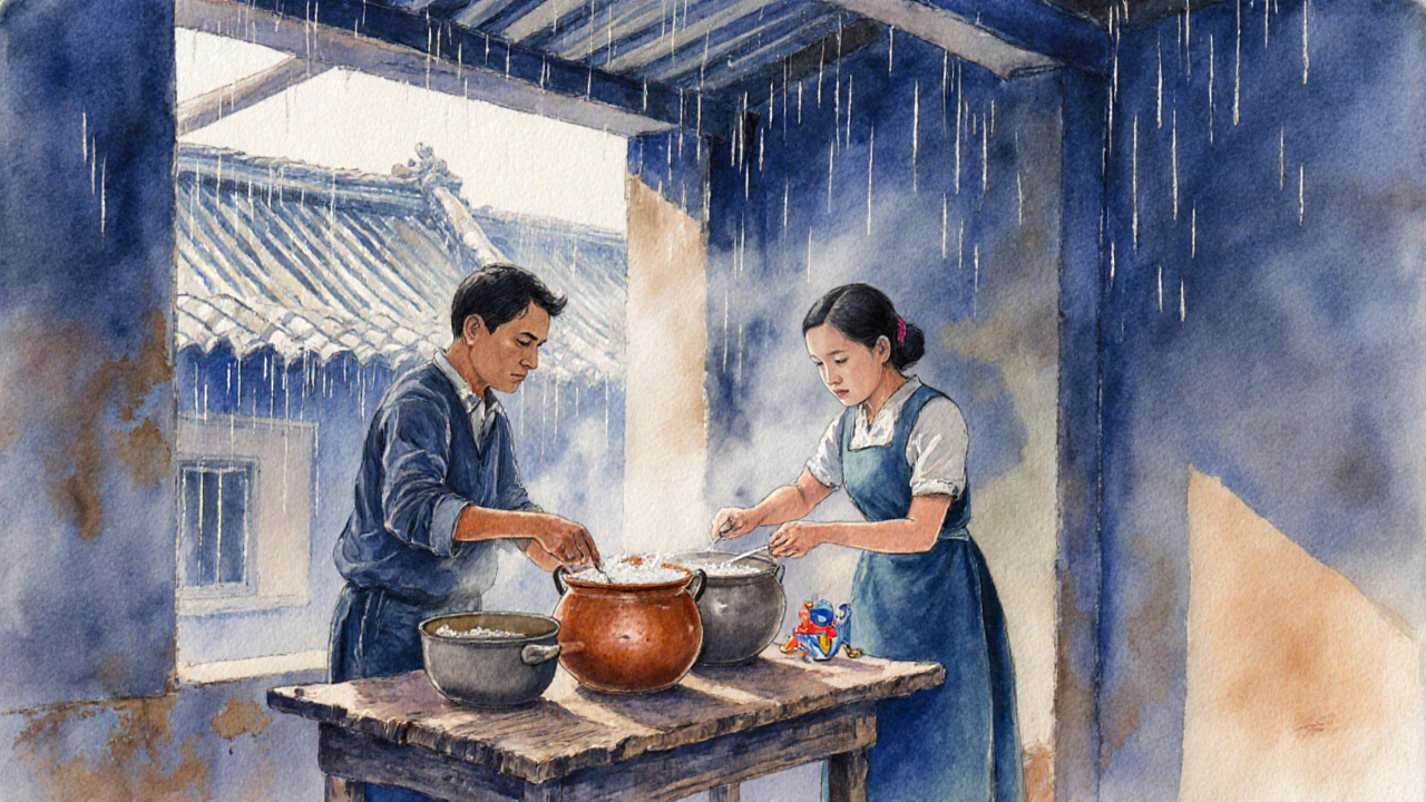 Man en vrouw bereiden samen rijst voor in een eenvoudige Vietnamese keuken bij regen.