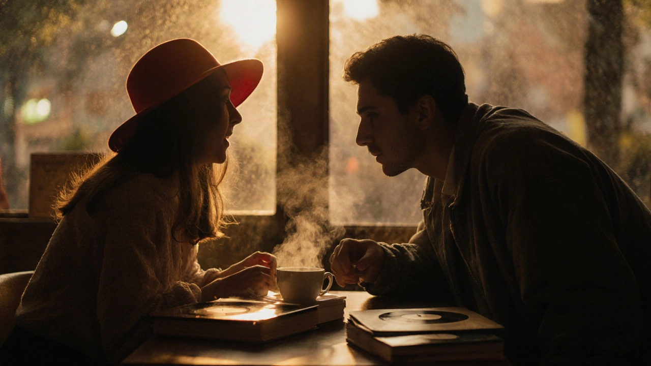 Man en vrouw ontmoeten elkaar in een Thais café, zij met een rode hoed, hij met een te grote jas.