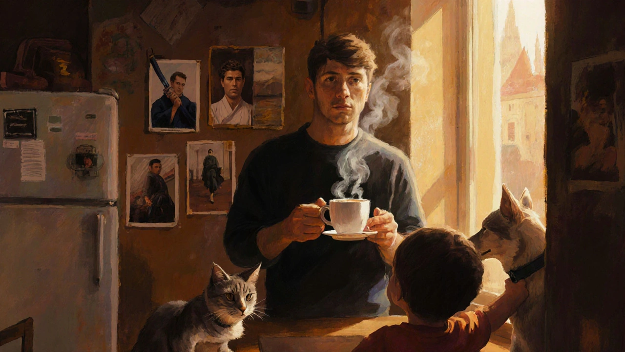 Man in een Praagse café die kijkt naar een kind en een kat, warm licht.