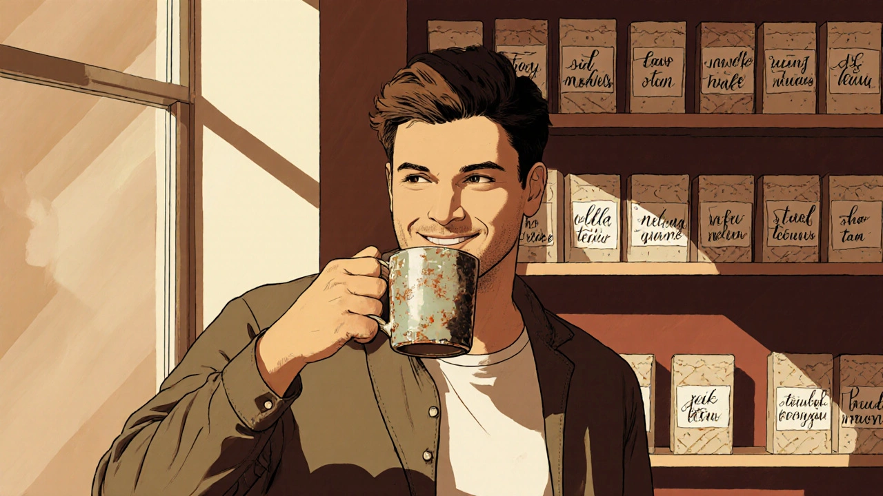 Man lacht natuurlijk in café terwijl hij thee drinkt, met 87 thee-doosjes op de plank achter hem.