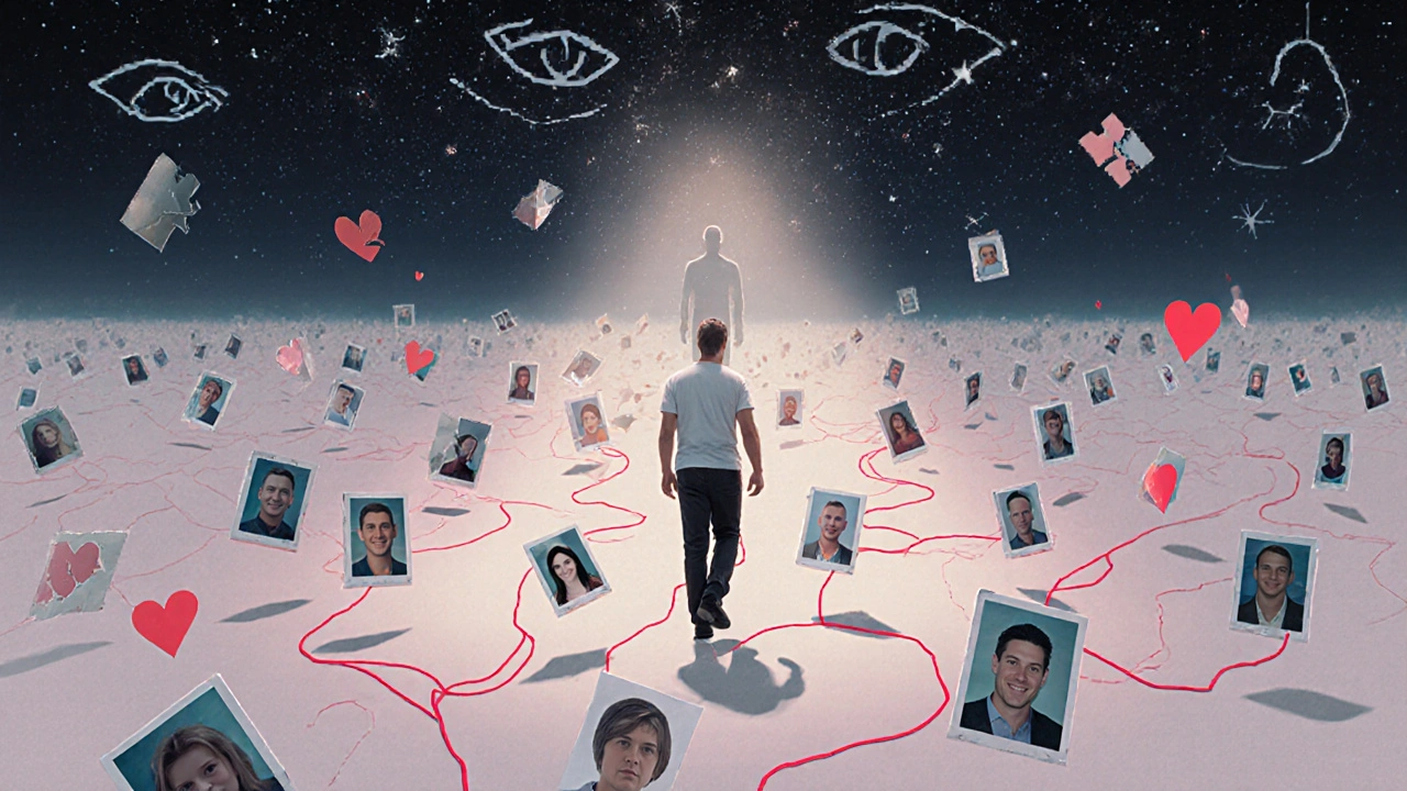 Man loopt door een digitale woestijn van profielen, naar een echte persoon toe.