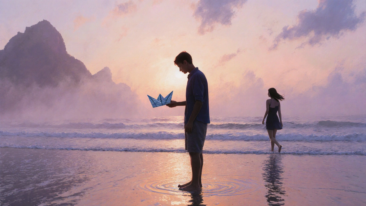 Man staat alleen aan een strand bij zonsopgang, houdt een papieren bootje, vrouw verdwijnt in de mist.