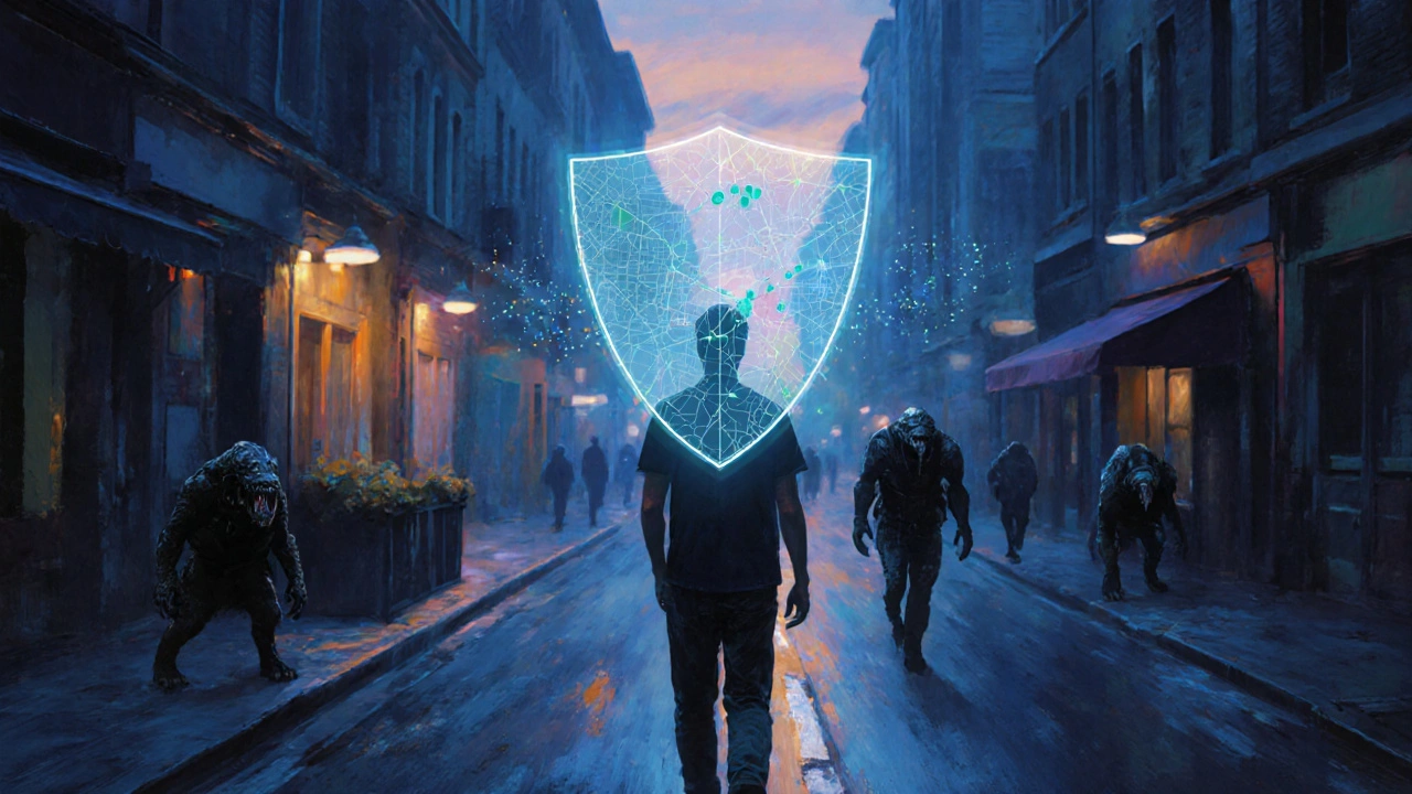 Man walking safely at dusk, digital location map overlay, predators fading in shadows.