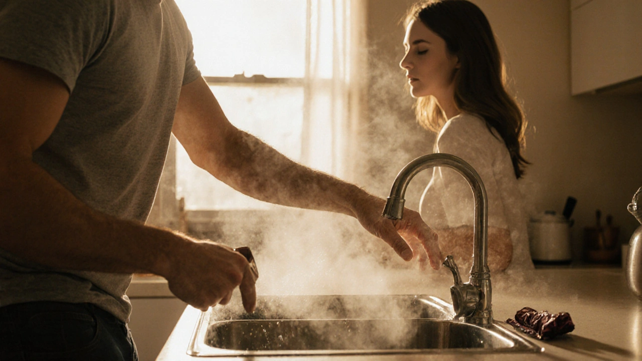 Man wast af, raakt zijn partner zachtjes aan terwijl ze voorbijloopt, chocoladeverpakking op aanrecht.