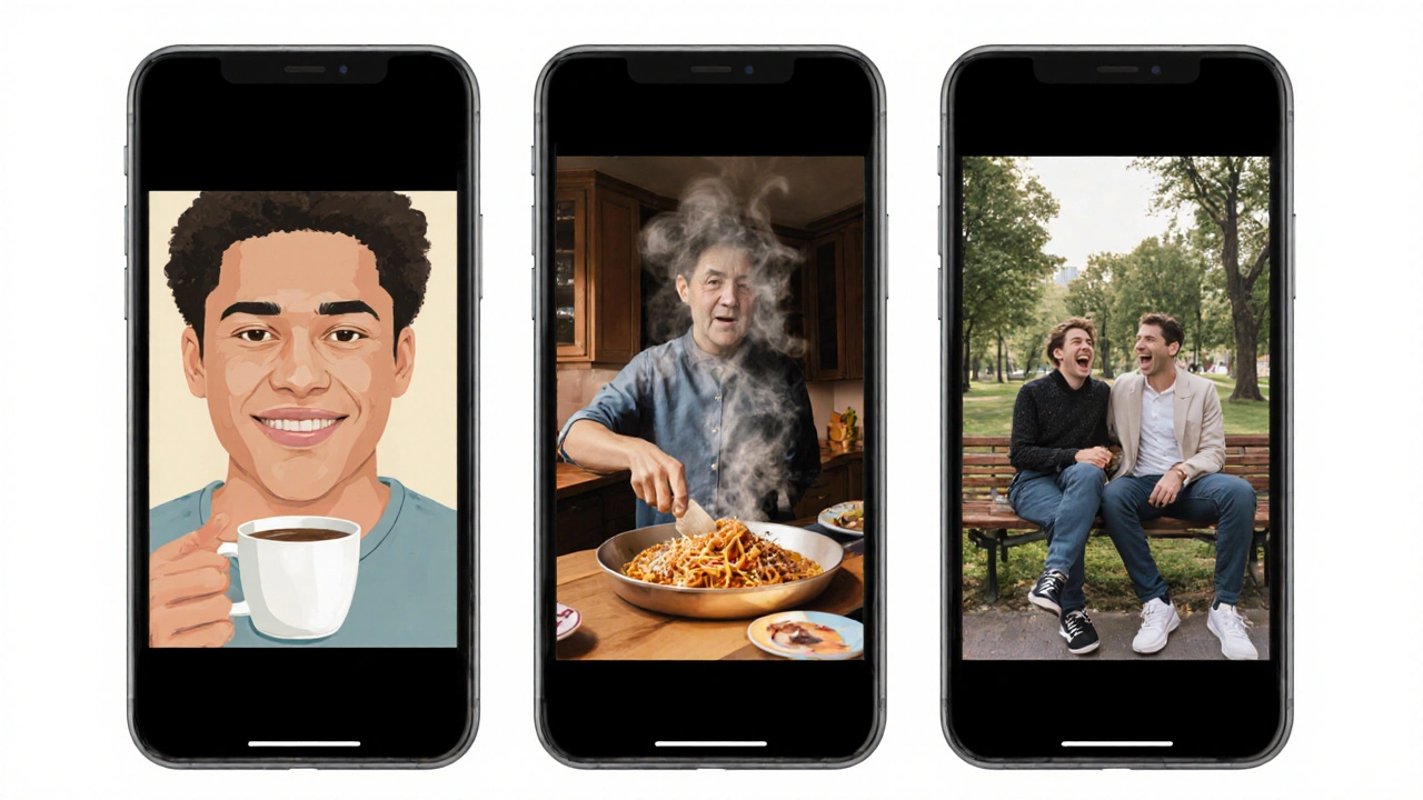 Three authentic photos on a phone: smiling face, cooking, laughing with one friend.