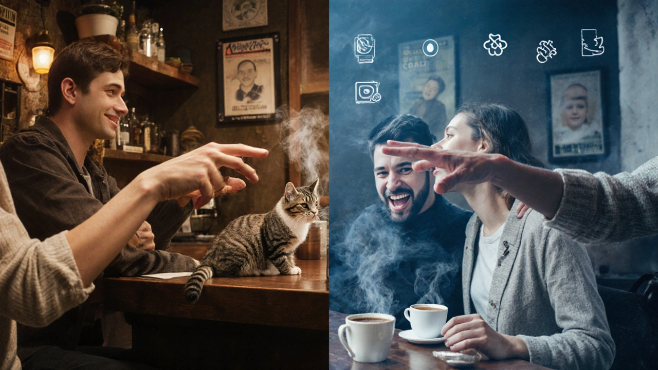 Twee handen bereiken elkaar tussen oude en moderne datingwerelden, warme digitale kant versus koude bar.