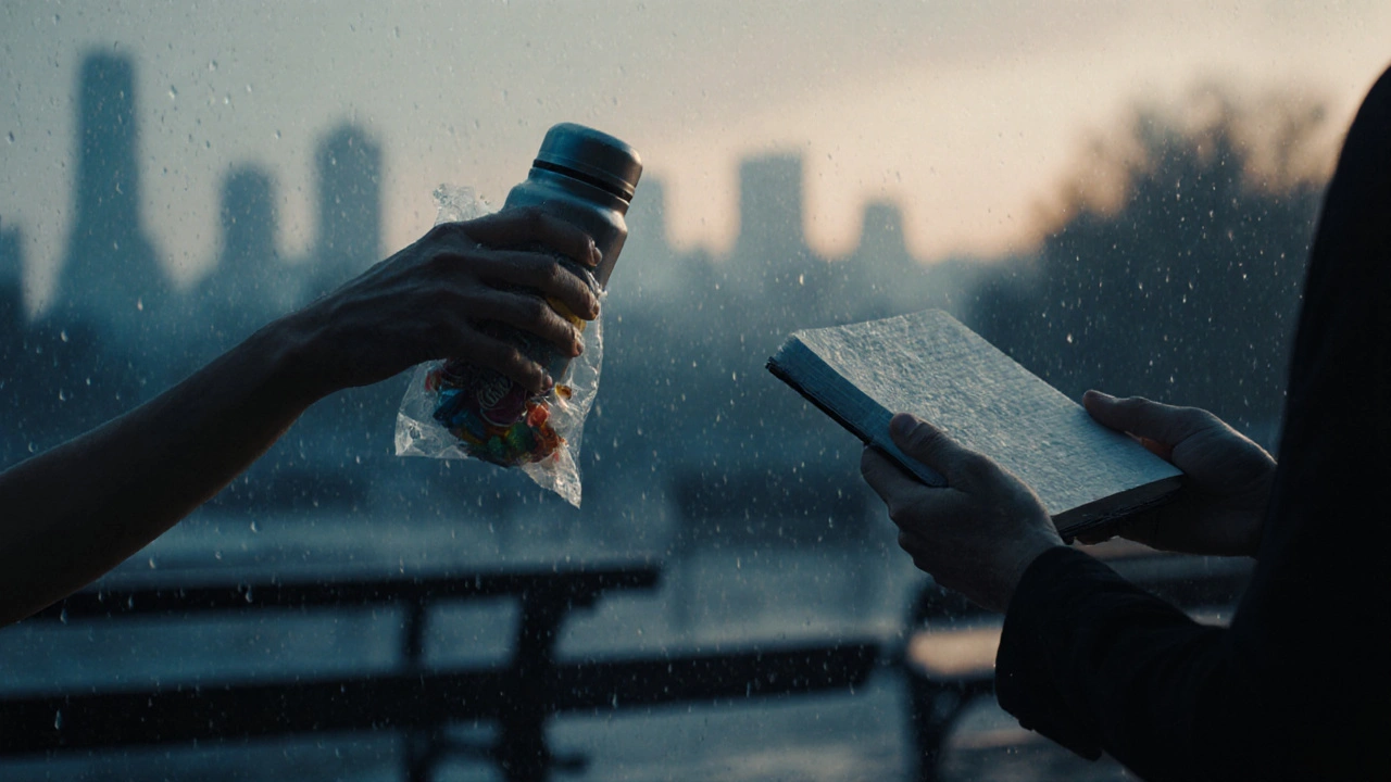 Twee handen die elkaar bereiken, thermos en dropjes, regen en stilte.