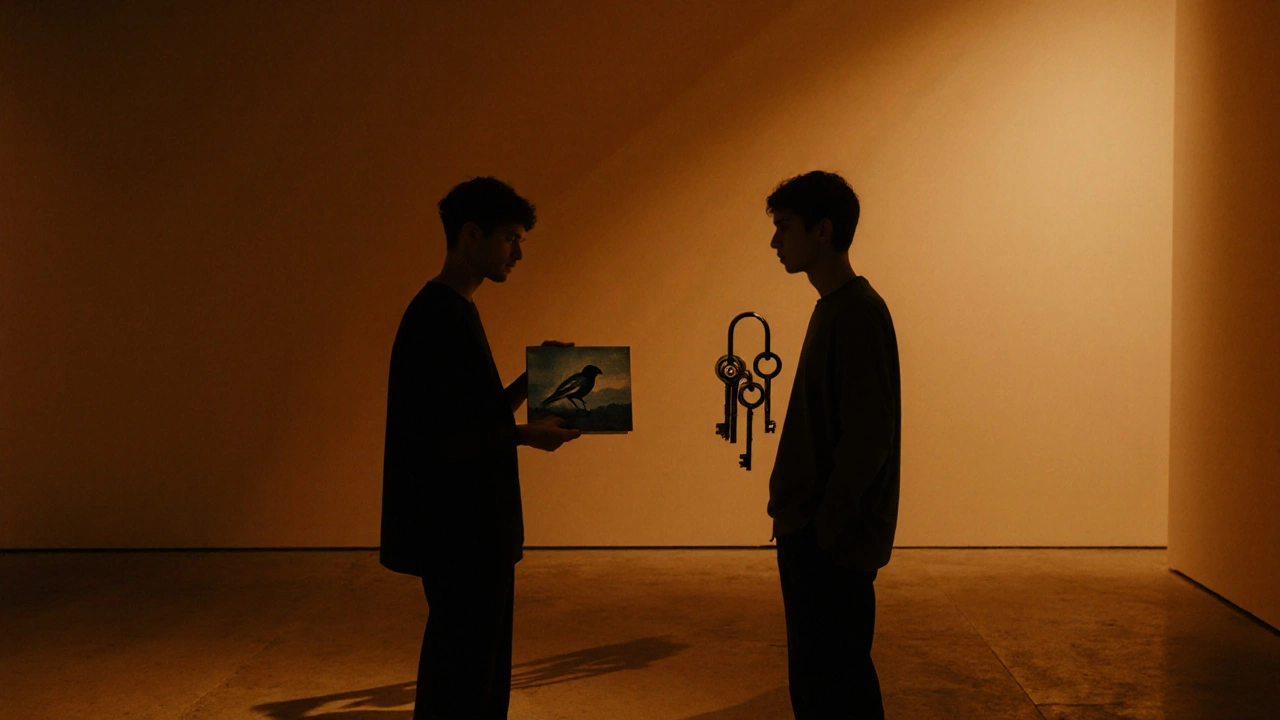 Twee kunstenaars in een galerie, kijken naar elkanders kunstwerk — een vogelportret en een sleutelinstallatie.