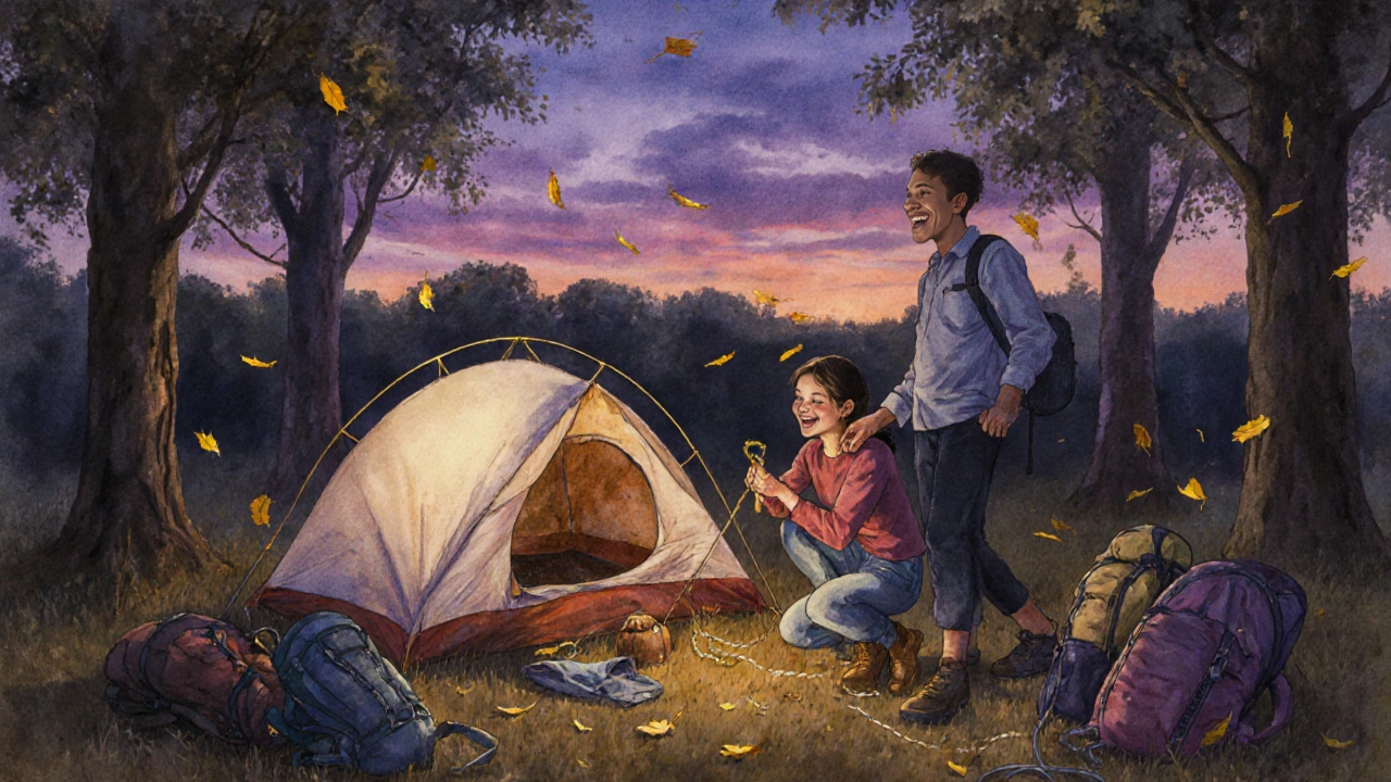 Twee mensen die samen een tent opzetten tijdens een Adventure Singles-uitstap in het bos bij schemerlicht.