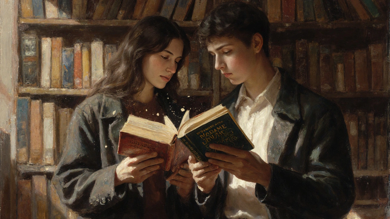 Twee mensen in een boekwinkel, samen een boek lezend, hun blikken gericht op dezelfde passage.