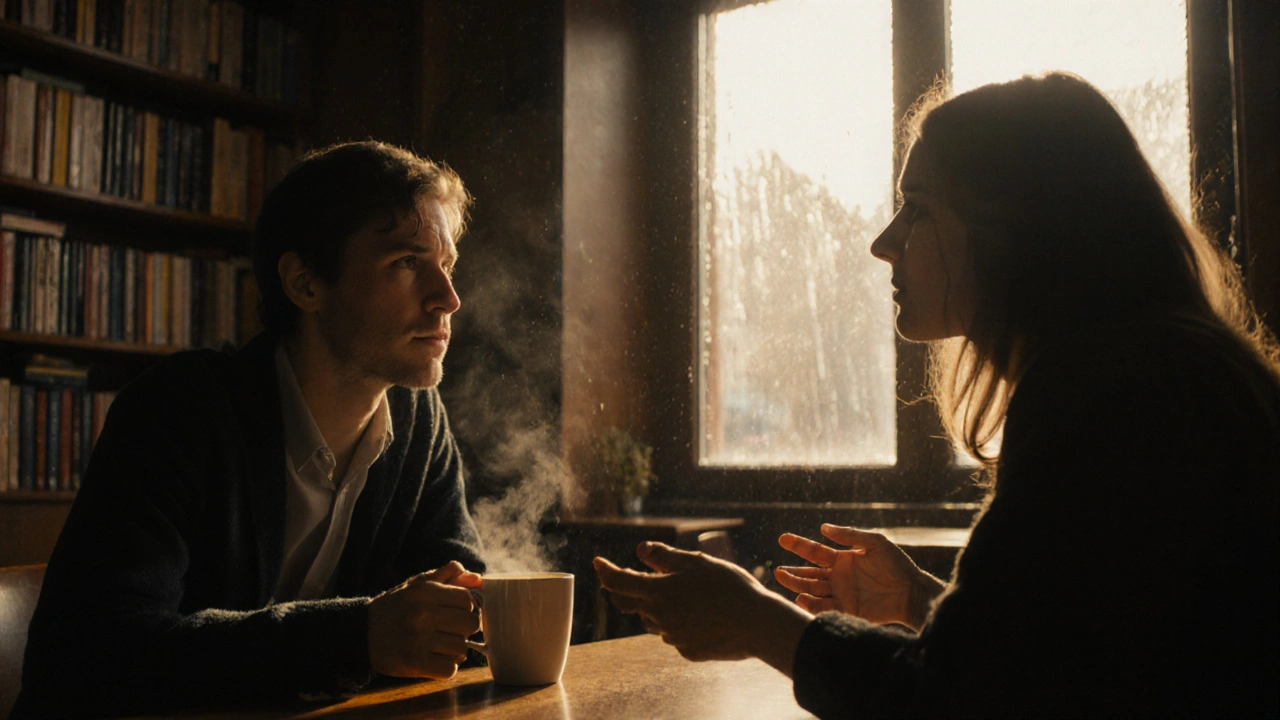 Twee mensen in een café, stil en verbonden, met koffie en een zachte glimlach.