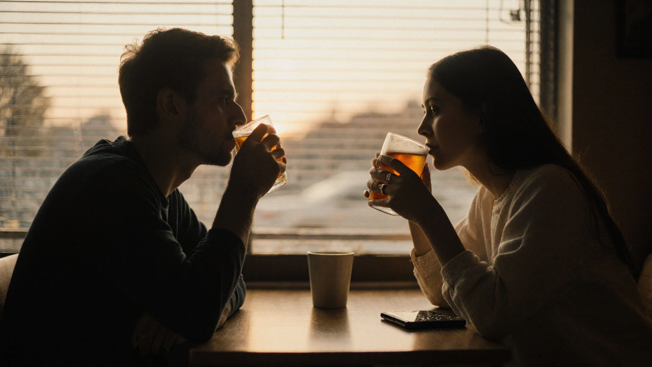 Twee mensen in een café, stil en verbonden, zonder woorden, alleen thee en bier.