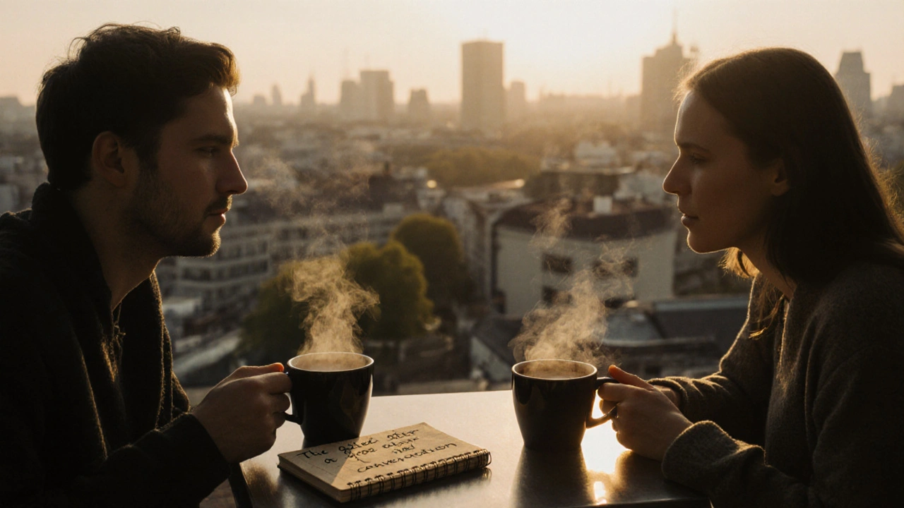 Twee mensen stil aan een dakterrascafé in Berlijn, koffiedamp stijgt, geen aanraking, alleen oogcontact.