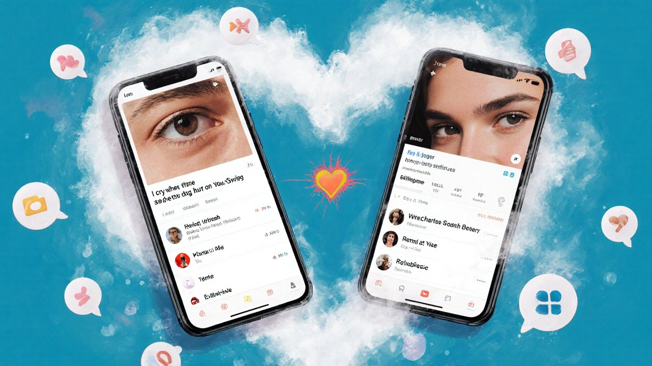 Two phones connecting with matching bio lines, generic messages fading away.