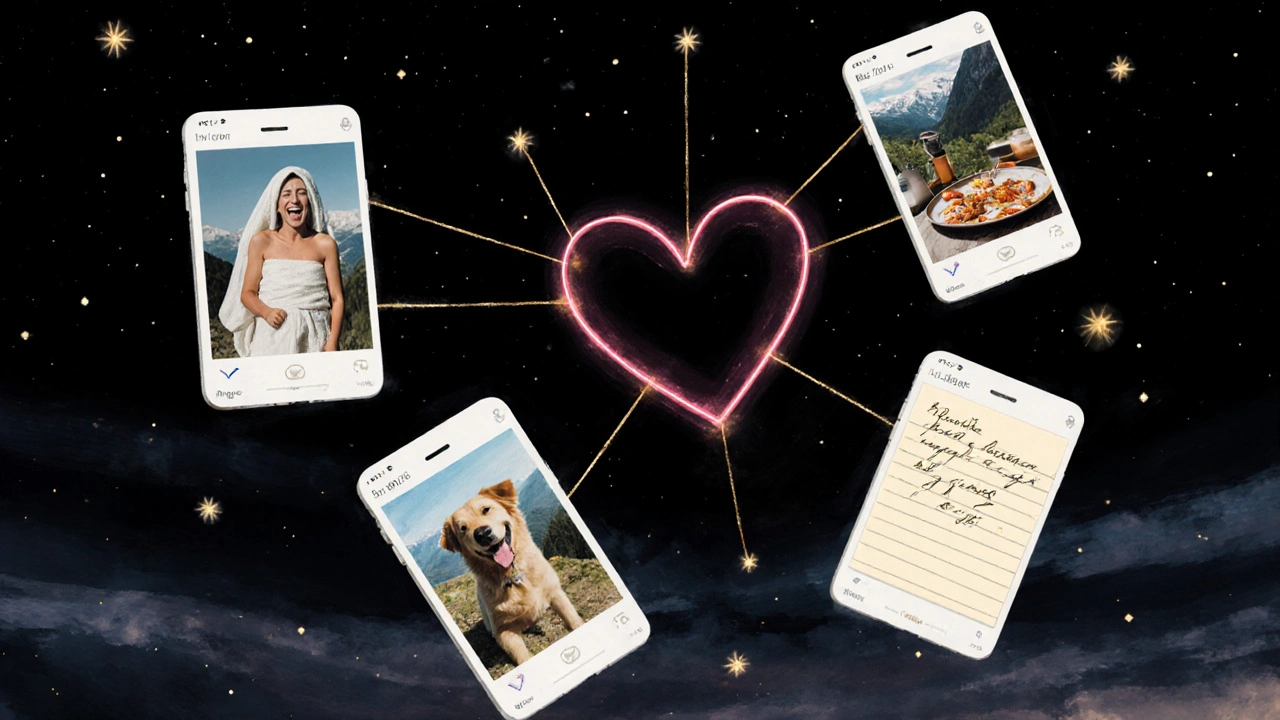 Vijf persoonlijke foto&#039;s zweven in een hartvorm, weergeven lachen, hond, wijn, sauna en koken.