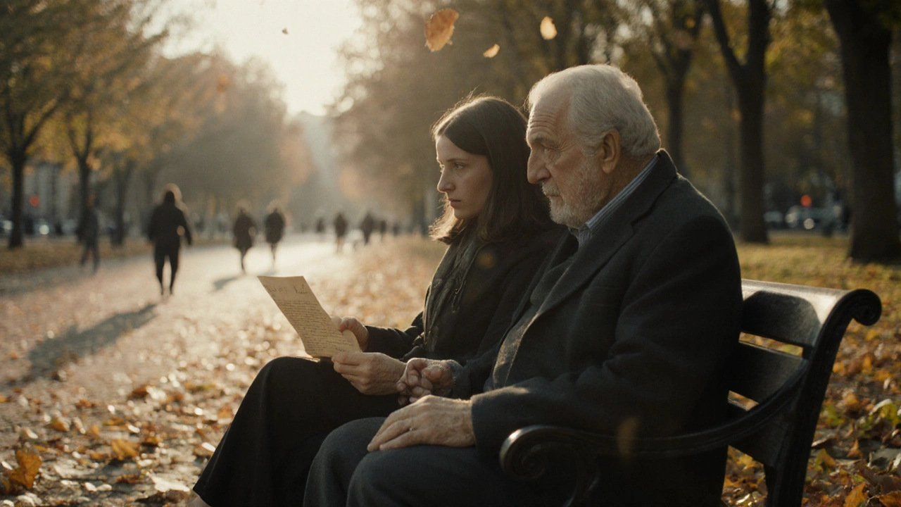 Vrouw en oude man op een bank, samen een brief bekijkend.