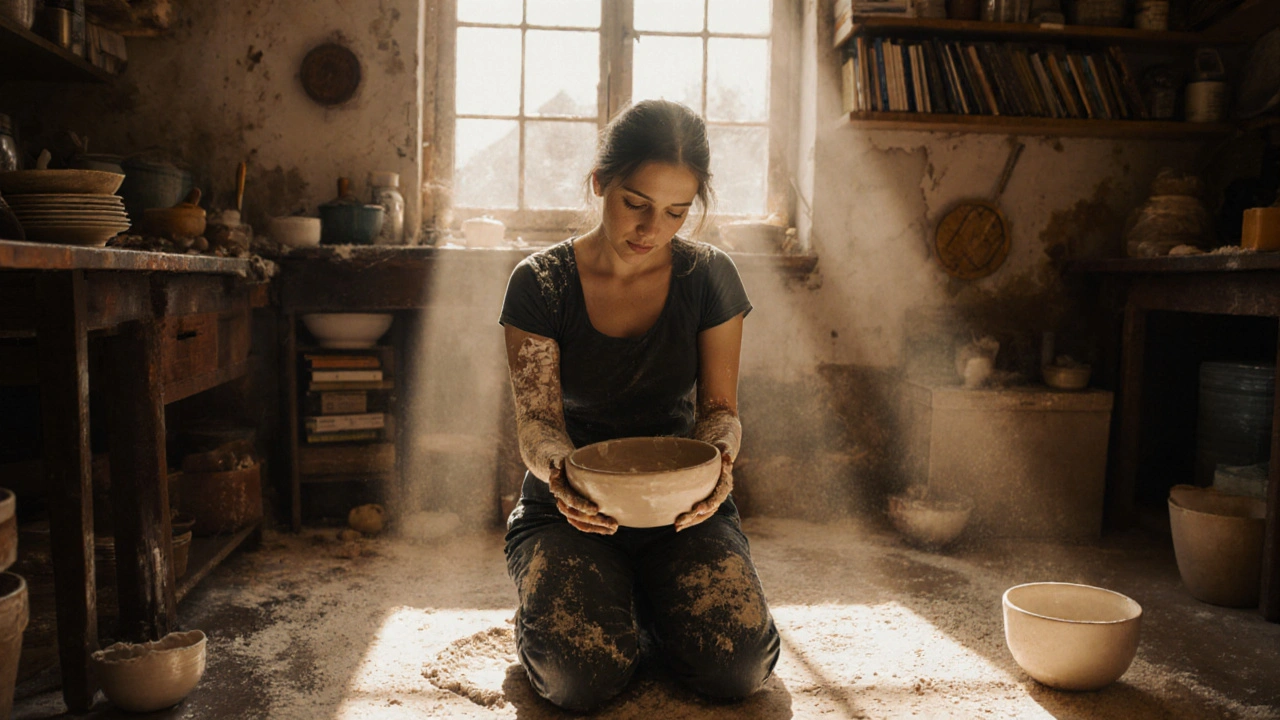 Vrouw met handgemaakte keramiek in een rommelige keuken.