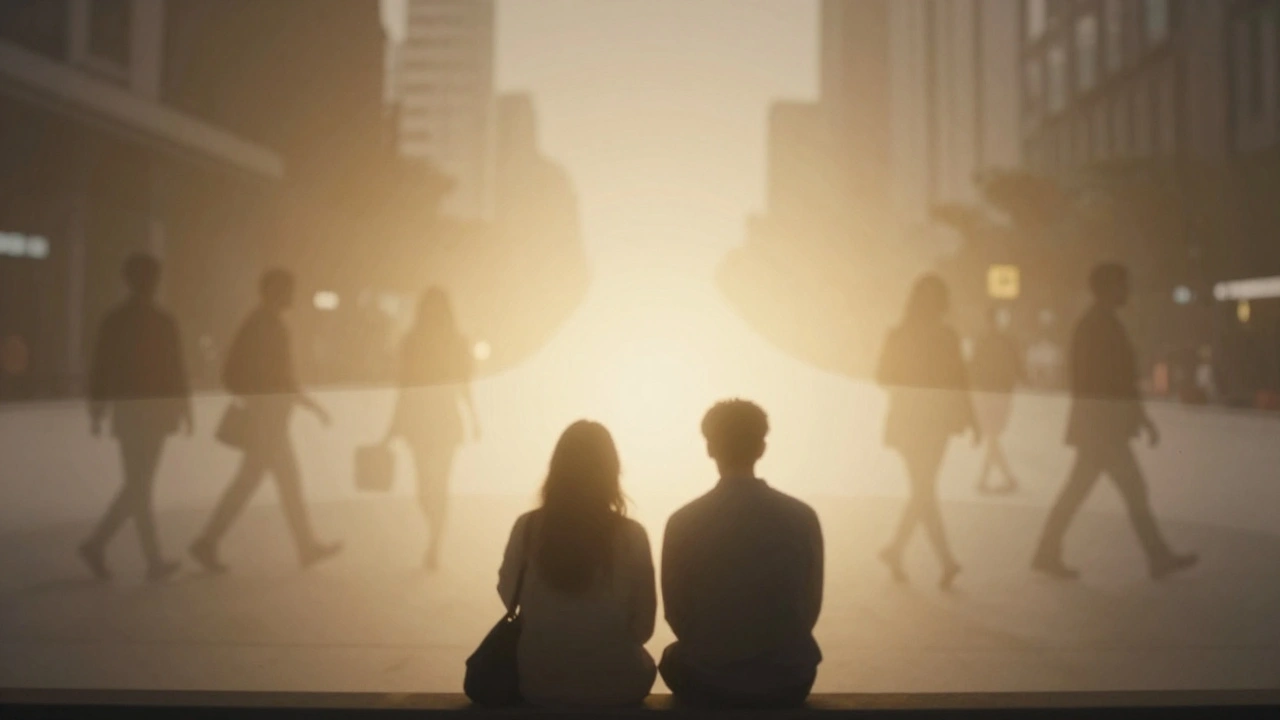 Abstrakte lichtvormen die emotionele verbinding symboliseren, met silhouetten van mensen die weglopen en twee figuren die dicht bij elkaar zitten.