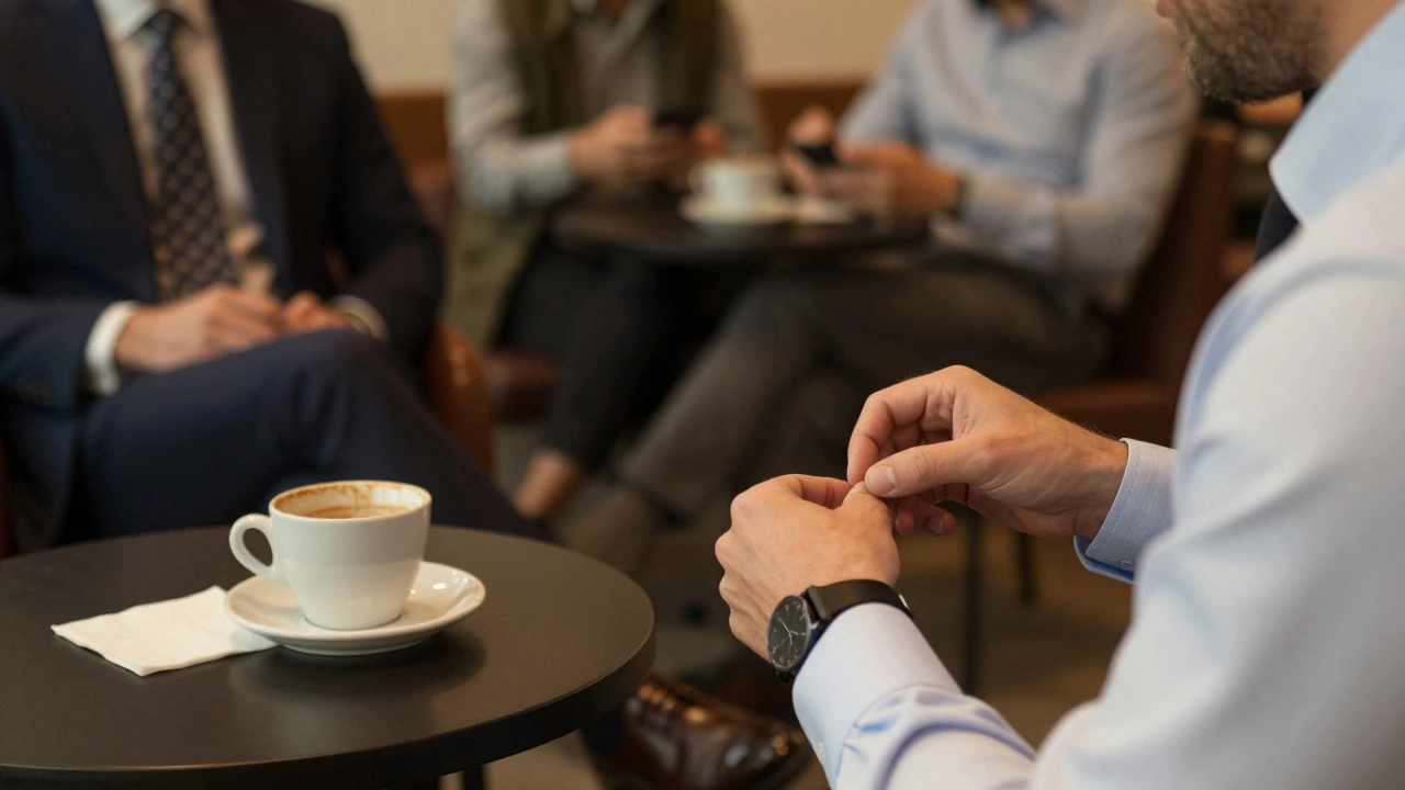 Close-up of hands adjusting shirt cuff with a simple watch, seated at a café table during speed dating.