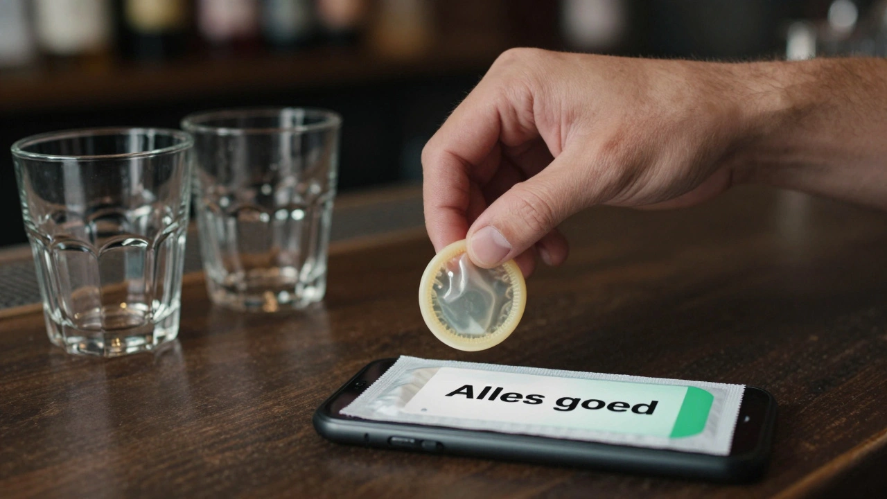 Condoom op een barcounter naast twee glazen, symbool van veiligheid.