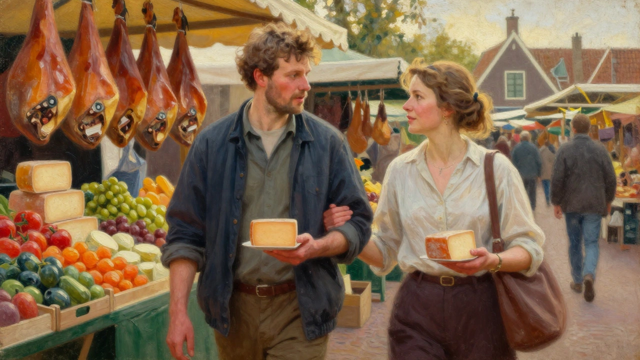 Couple sampling cheese at a vibrant market, golden light, relaxed and connected.