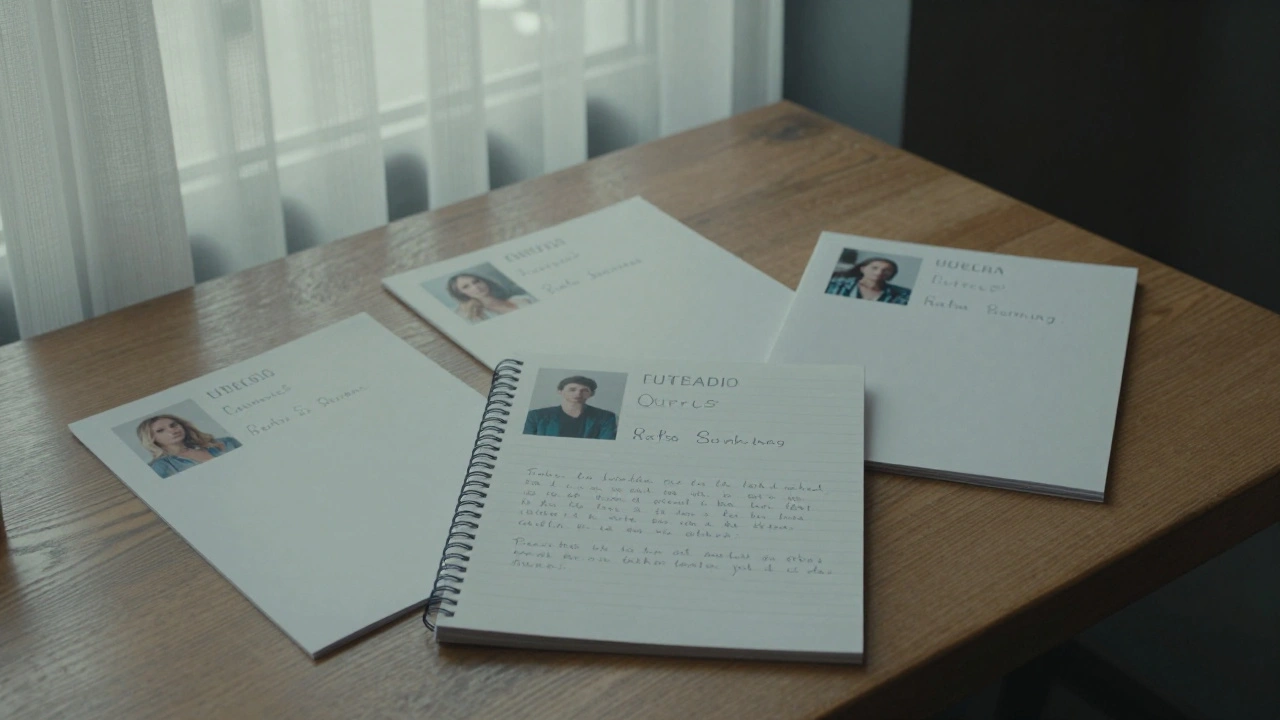 Drie persoonlijke dossiers op een houten tafel, zonder apps of telefoons — alleen echte verhalen.