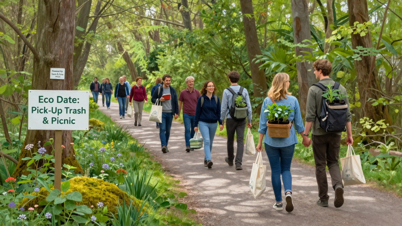 Een groep mensen wandelt door een natuurreservaat met herbruikbare lunchpotten, een eco-date aan het houden.