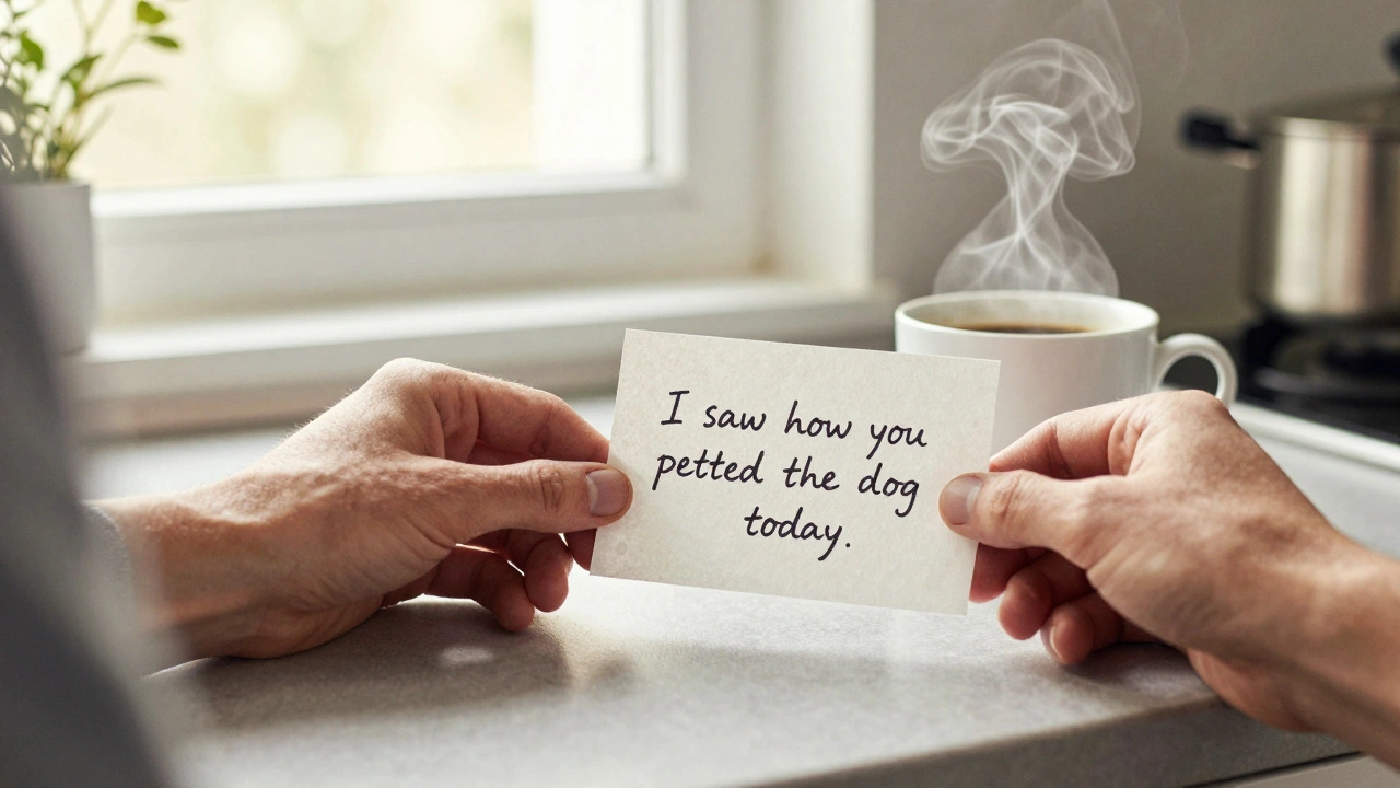 Een hand legt een klein, handgeschreven briefje naast een kopje koffie op de keukencounter.