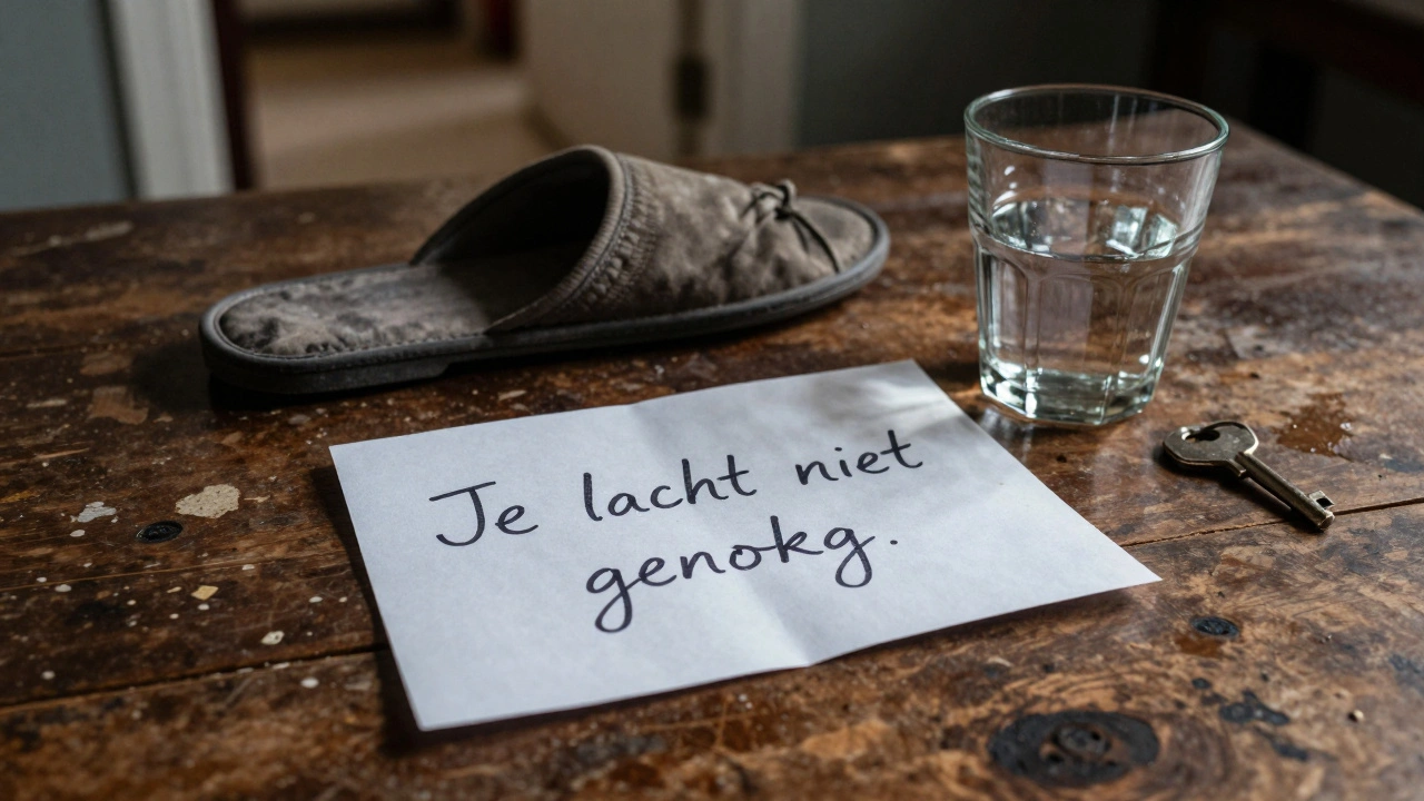 Een handgeschreven briefje met de woorden &#039;Je lacht niet genoeg&#039; ligt op een houten tafel, bij een glas water.